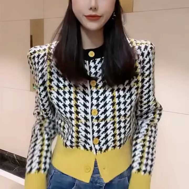 European Goods Colored Thousand Birds Knit Cardigan Women 2023 Autumn and Winter New Round Neck Fashion Retro Short Sweater Tops X250724