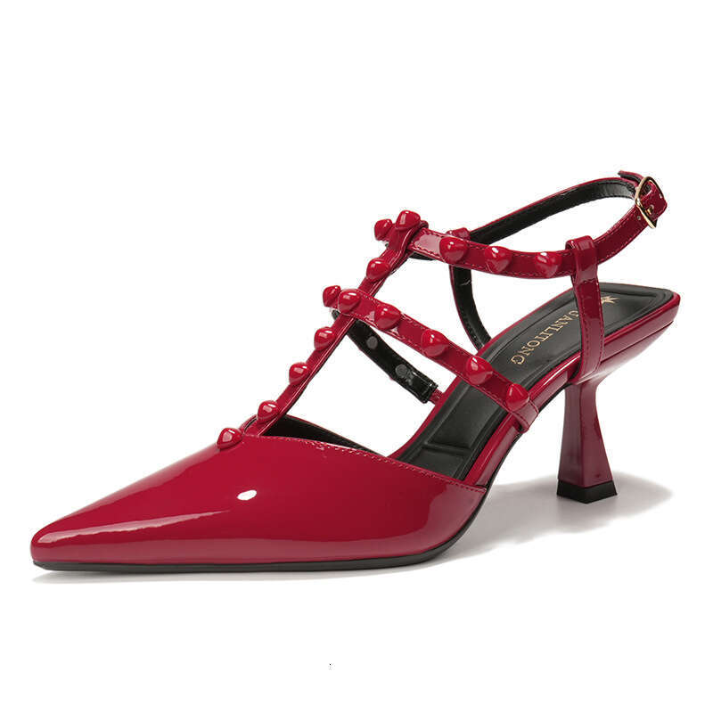 2025 Summer French Fashion Rivet High Heels Sexy Patent Leather One-Strap Pointed Toe Sandals Single Shoes
