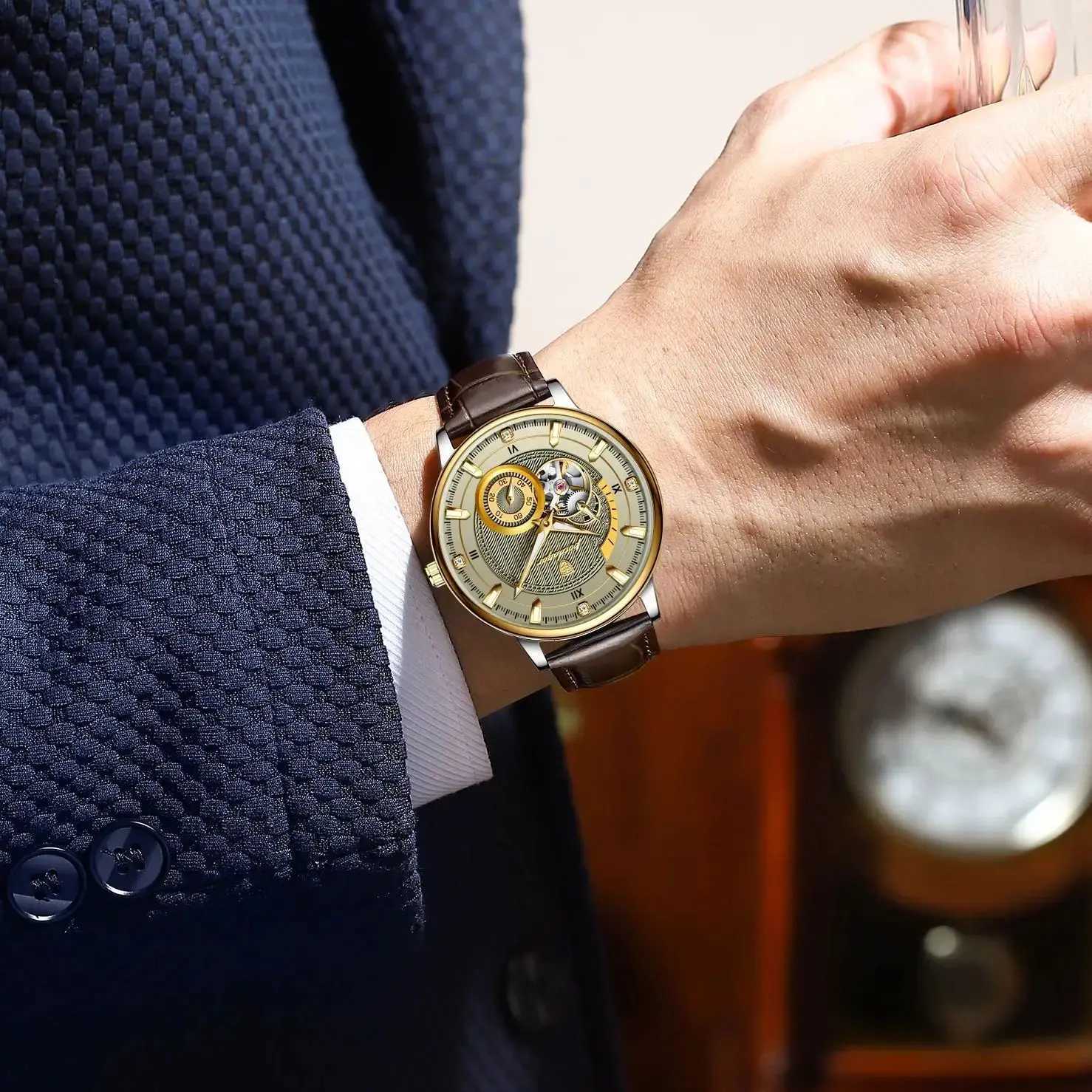 POEDAGAR Sports Luxury Men Clock Waterproof Luminous Man Watch Hollow Tourbillon Automatic Mechanical Leather Mens Watches Male W250724