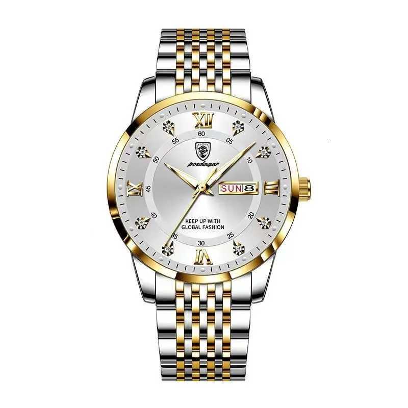 POEDAGAR Men Watches Stainless Steel Push Button Hidden Clasp Week Date Waterproof Luminous Top Brand Luxury Quartz Wristwatch W250724