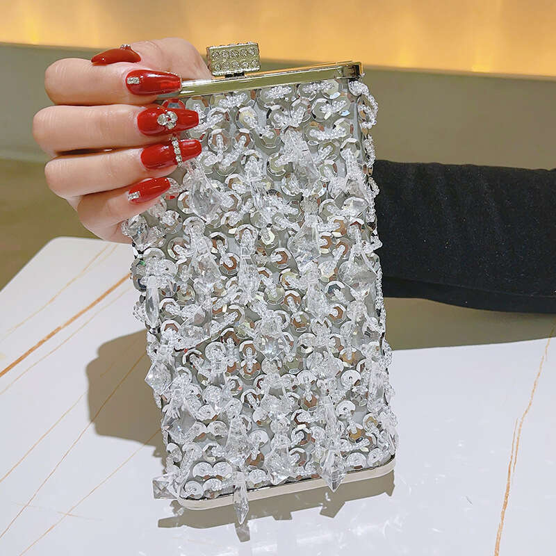 Designer Luxury Evening Diamond Handmade Beaded Embroidery Evening Bag Vertical Square Box Handbag Party Prom Wedding Women's Clutch
