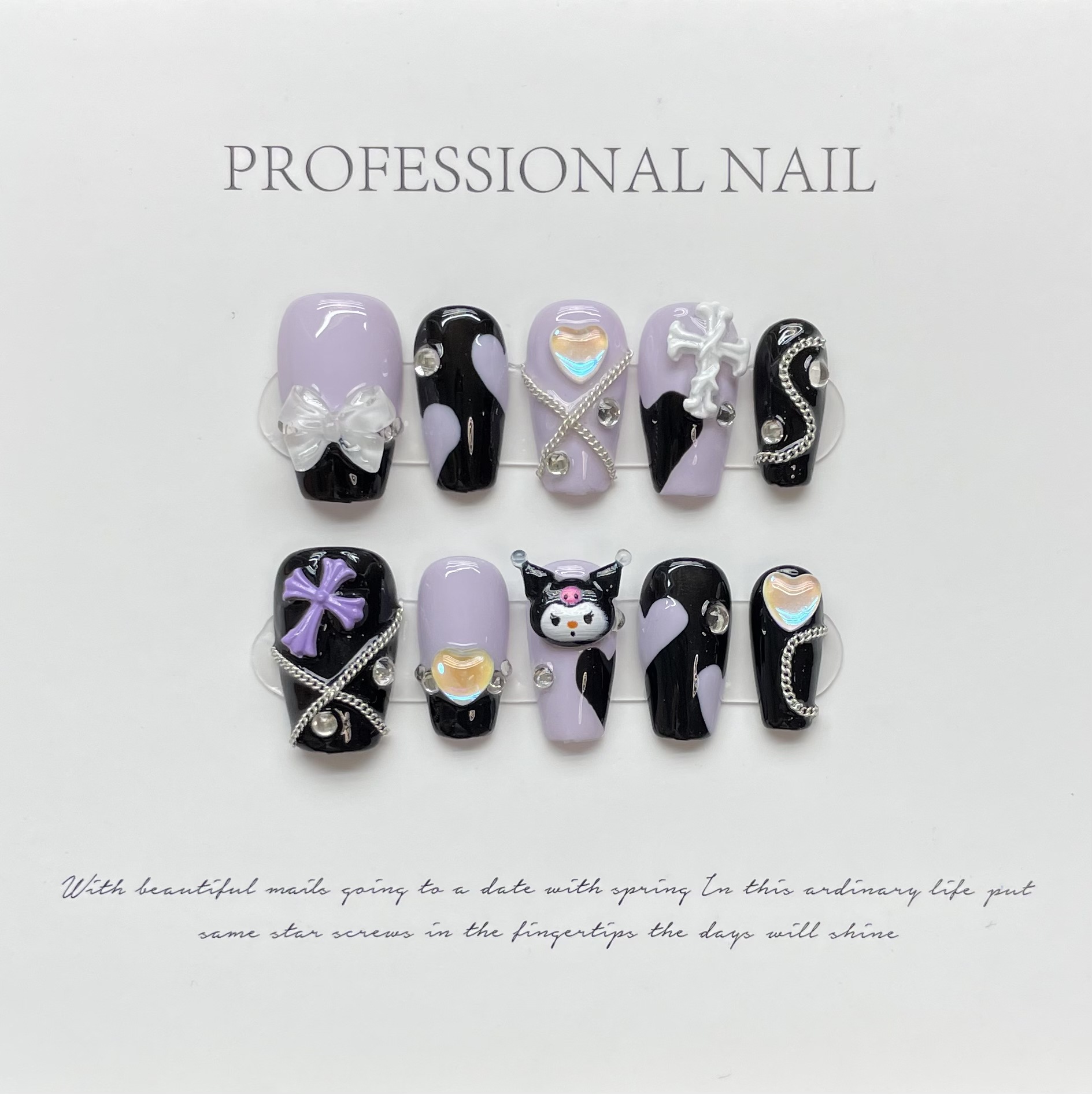 3D kuromi Purple Color Artifical Press On Nails With Glue Long Coffin Fake Nails Lovely Girls Nail Art False Nails