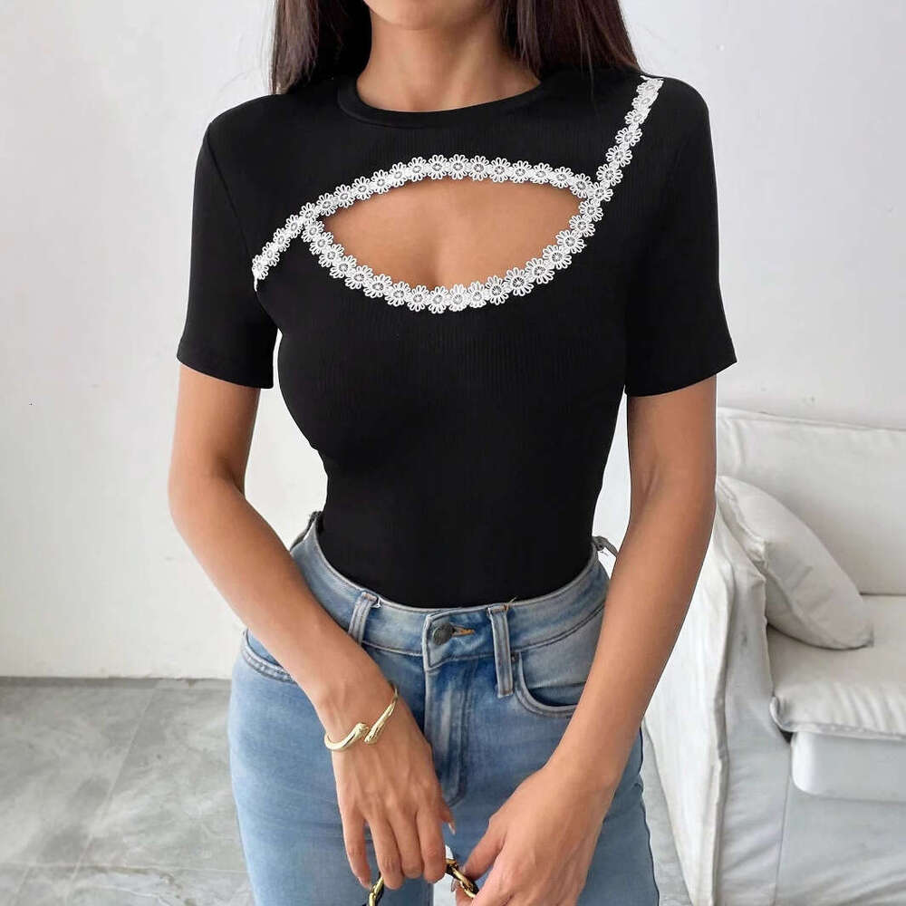 sxzy 2025 summer new solid color decorative patch round neck short sleeve fashion tshirt top for women