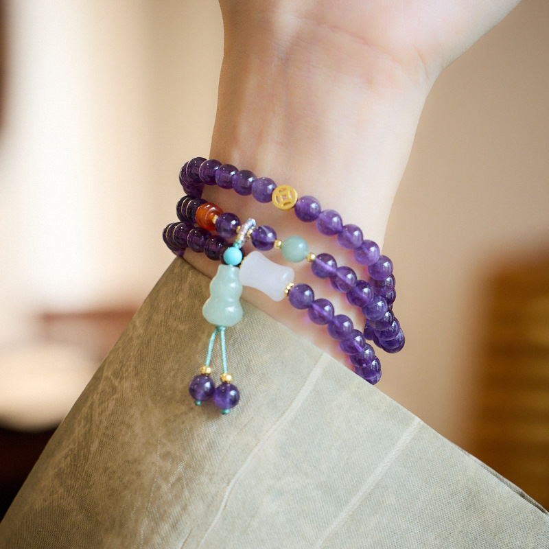 New Chinese Style Amethyst Bracelet with Coin Pendant Gourd Elegant Versatile Ideal as a Gift