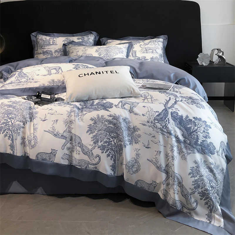 Soft Silky Skin Friendl Natural Eucalyptus Fiber Lyocell Bedding Set Forest Plants Leopard Duvet Cover Set Bed Sheet Pillowcases X250724