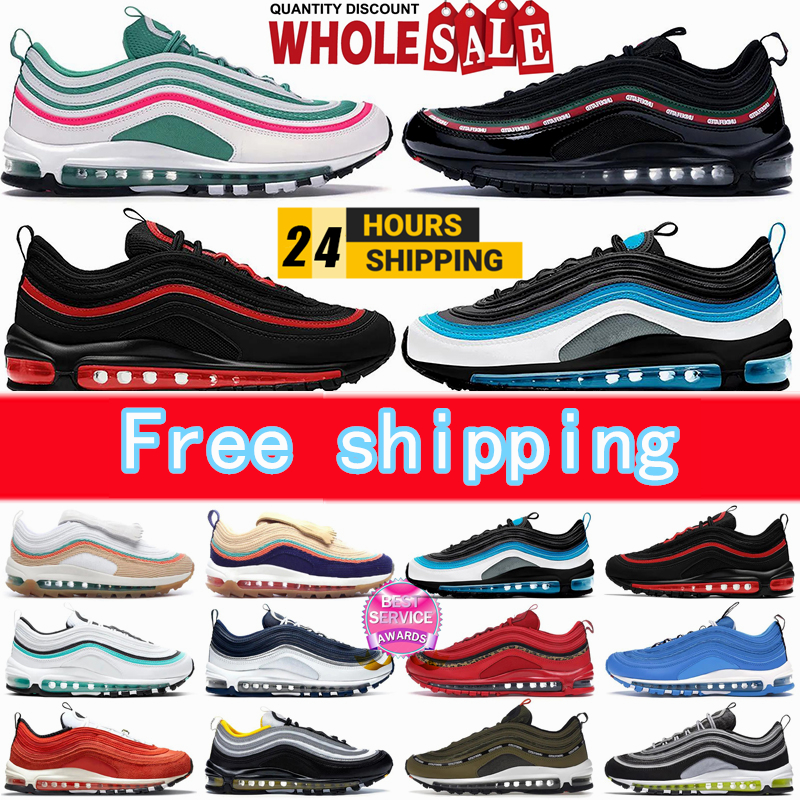 2025 Designer 97 97s Sports Shoes Trainers Jesus Satan Futura Triple silver Cream Olive Volt green Crucifix Bred Sail Aurora Gym Mens Women Running Sneakers