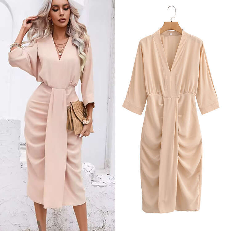 TRAFZA Spring New V-Neck Slim Pleated Dress B5