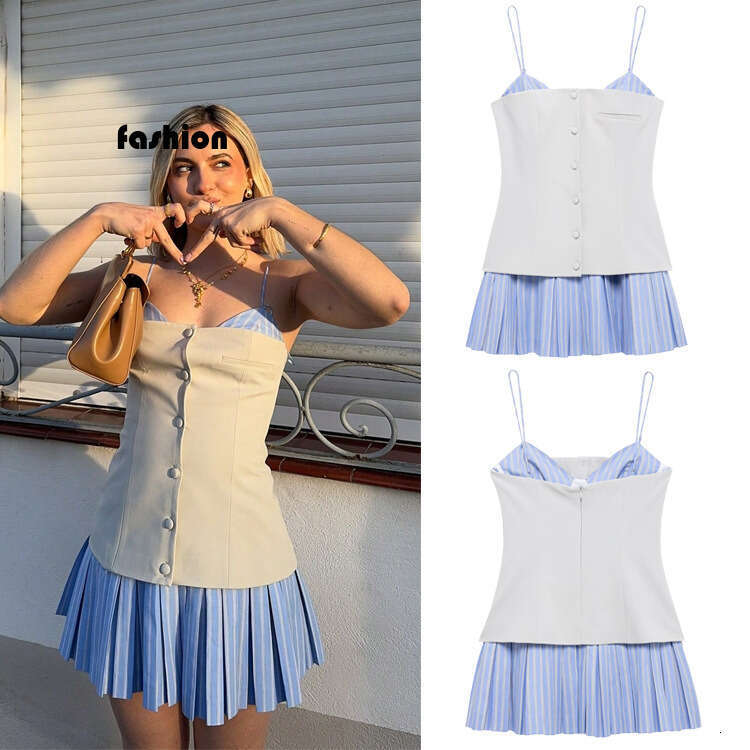 TRAFZA Women's Spring New Fashion Sexy Poplin Patchwork Strap Dress B5 b6