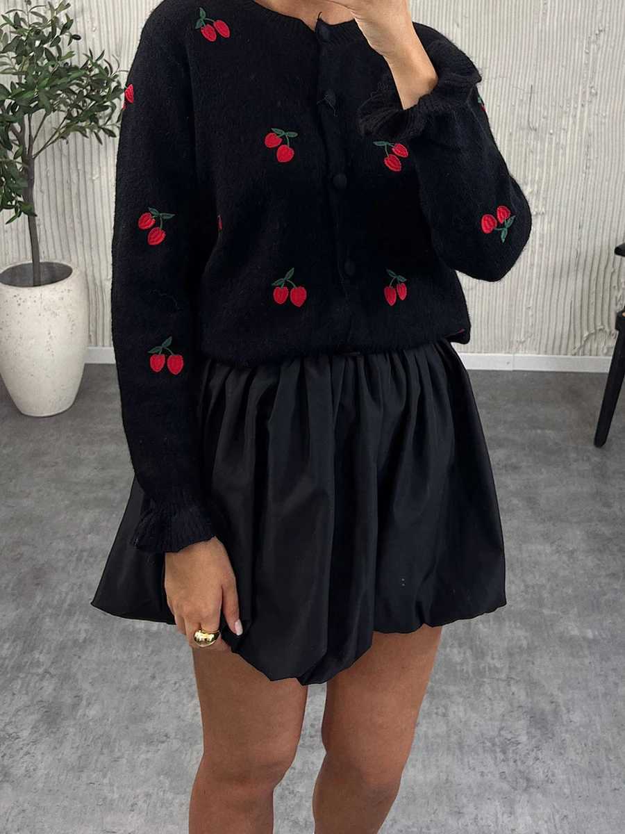 New Fashion Womens Autumn Sweater Cardigan Long Sleeve Round Neck Button Up Cherry Print Knitwear Hot Sale S-XL X250724