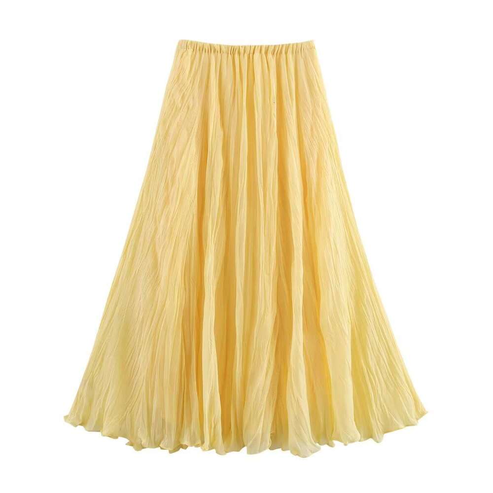 New Summer Women's Mid-Length Casual Vacation Yellow Pleated Skirt B5