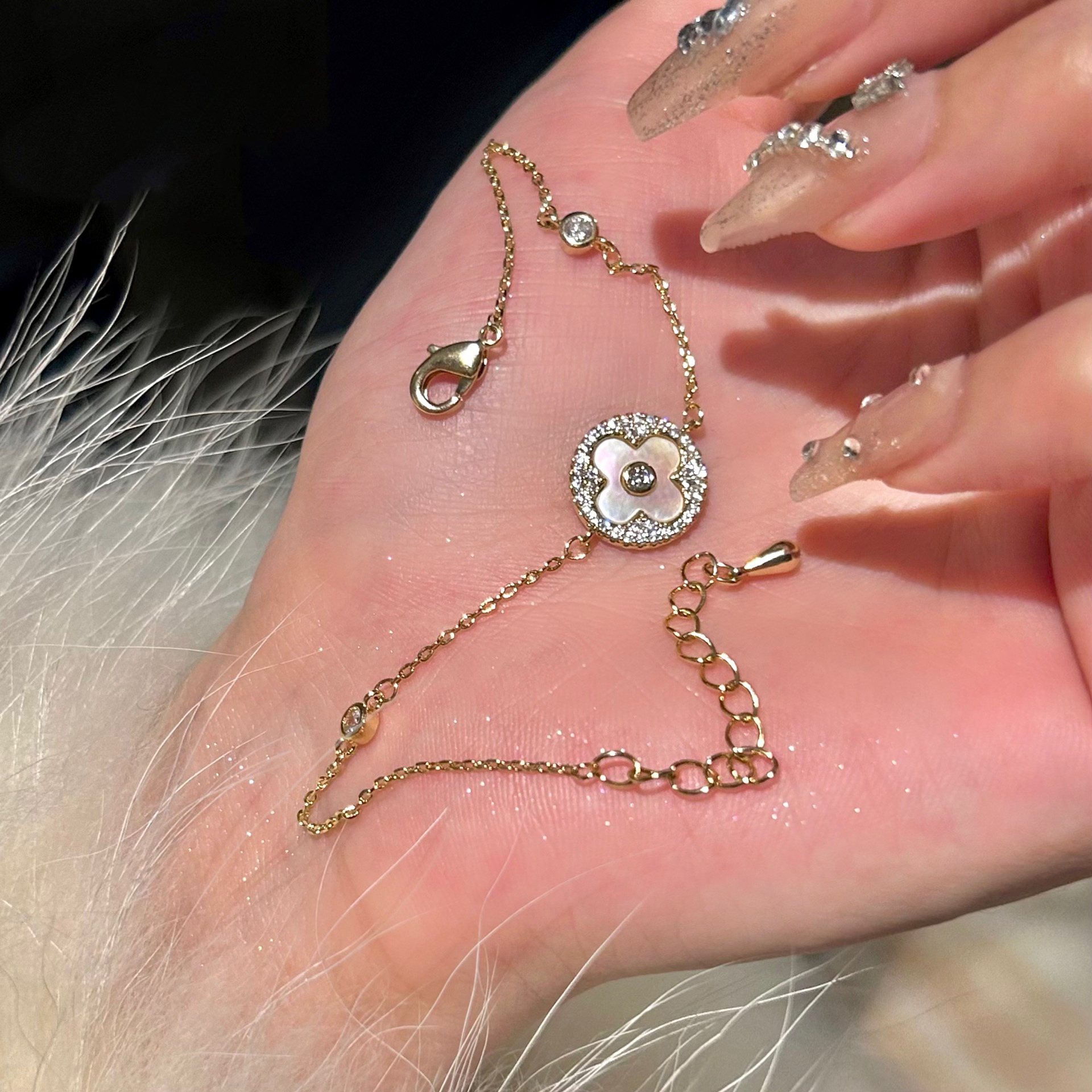 Gold Tone Clover Shaped Bracelet Shell Inlay & Crystal Accents Elegant Party Jewelry And Daily Wear Gift For Her High Quality And Stylish Jewelry
