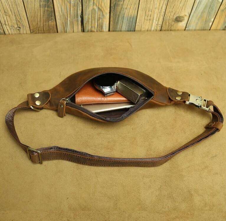 Vintage Men's Crazy Horse Waist Top Layer Cowhide Messenger Genuine Leather Outdoor Sports Cycling Chest Bag