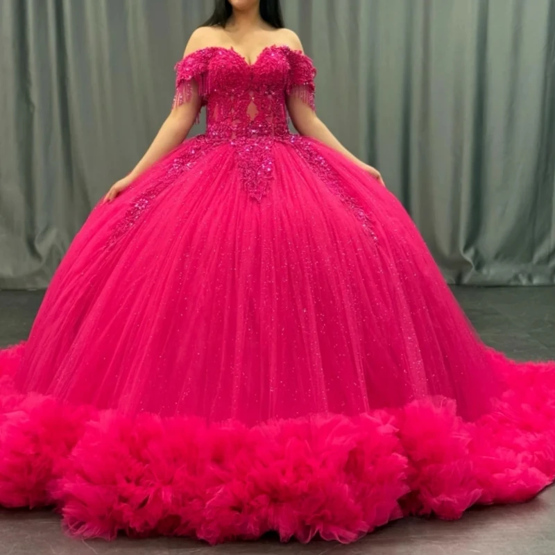 Rose Red Shiny Quinceanera Dresses Off Shoulder Ball Gown Sweet 16 Dress Applique Beading Tiered Tull Birthday Party Vestidos De 15 Anos
