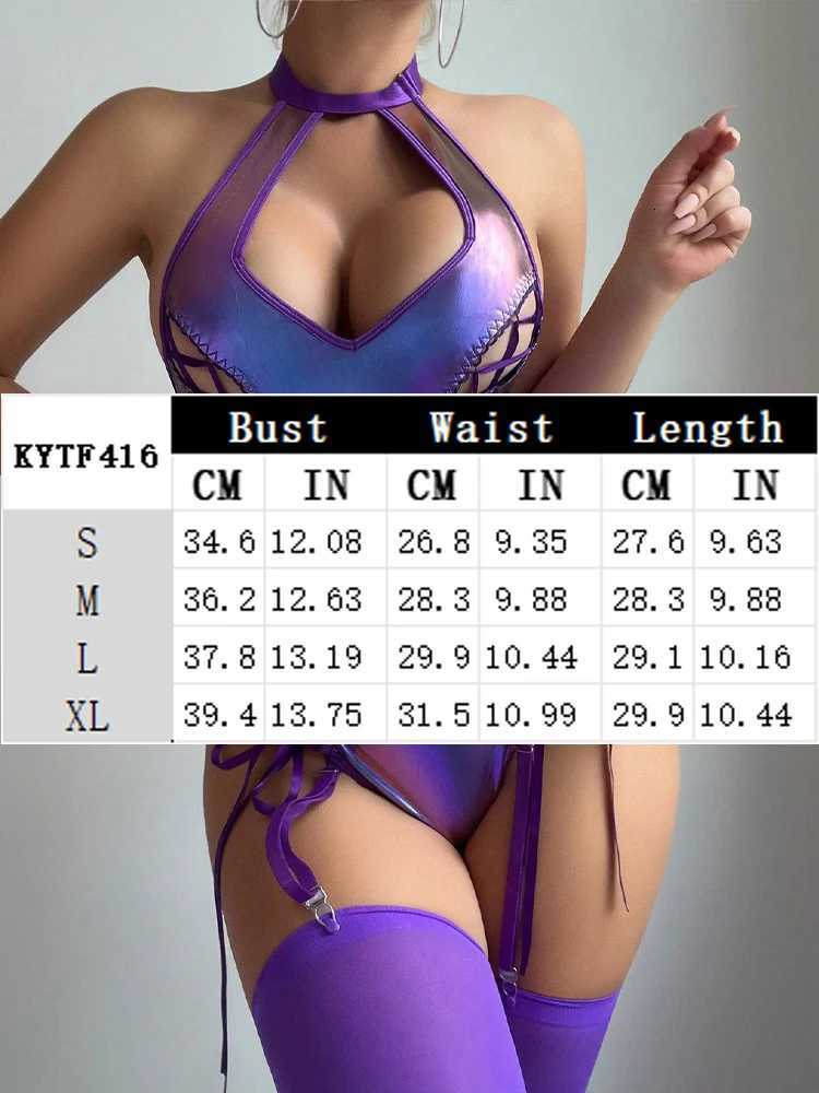 Stage Clubwear Sexy Leather Lingerie Shine Garter Underwear Hollow Out Erotic Bodysuit with Stockings Exotic Apparel Teddies Set W250724
