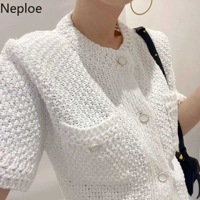 Neploe Korean Cardigan Women Clothing Short Sleeve Single Breasted Sweater O Neck Knit Black Tops 2025 Fashion White Coat Femme X250724