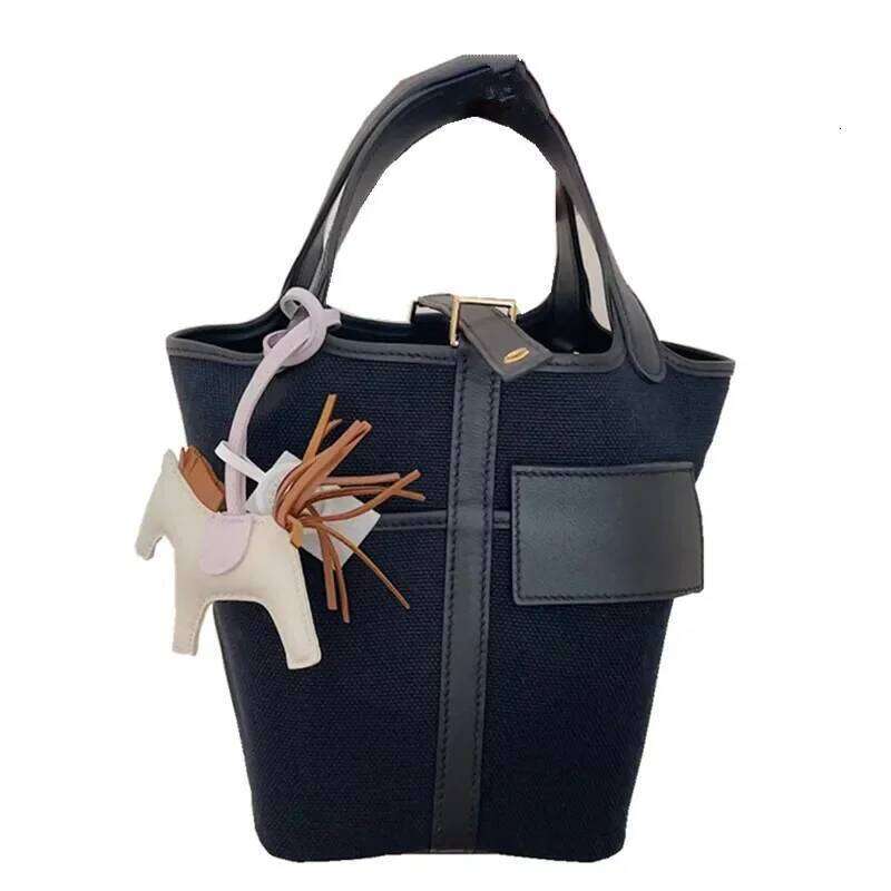 2024 New Canva Patchwork Flat Surface Cow Leather Direct Factory Sales Soft Top-Handle Bags Bucket Handbag