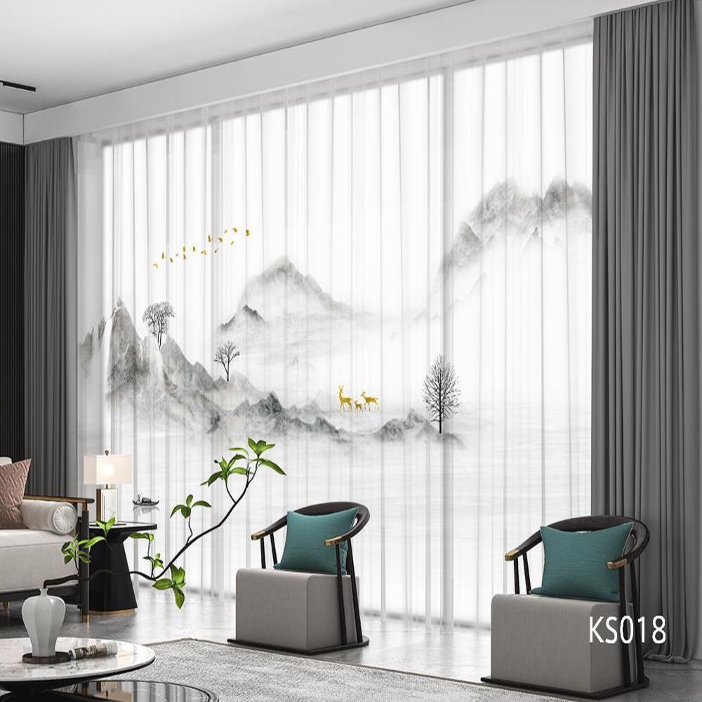 YL-36802 Modern New Chinese Style Ink Painting Landscape Living Room Study High-end Bedroom Famous Hotel Curtain Zen Gauze Curtain