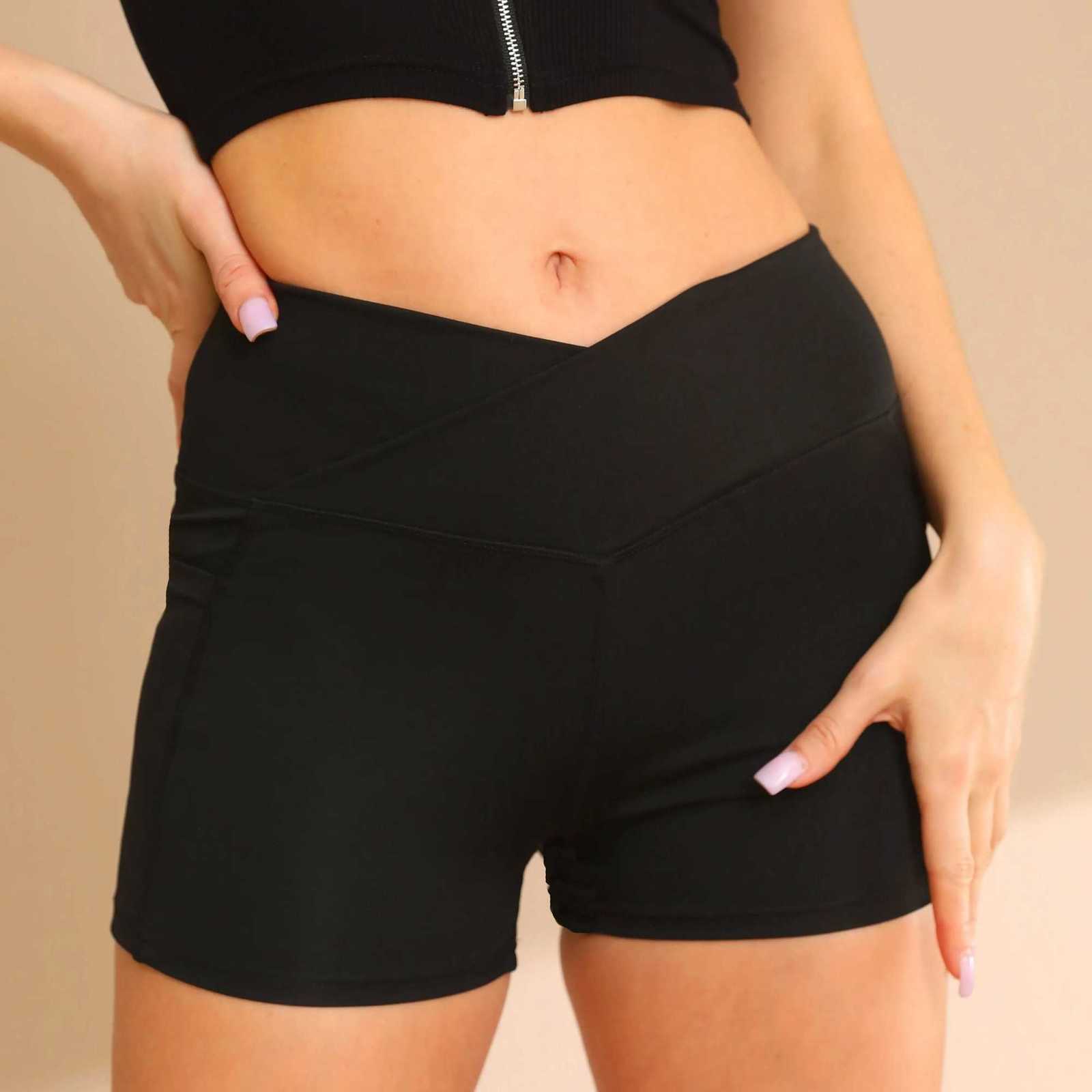 Women Gym Shorts Cross Waist Sport Fitness High Elasticity Yoga Tights with Side Pockets High Waist Solid Fashion Sweatpants XJ250724
