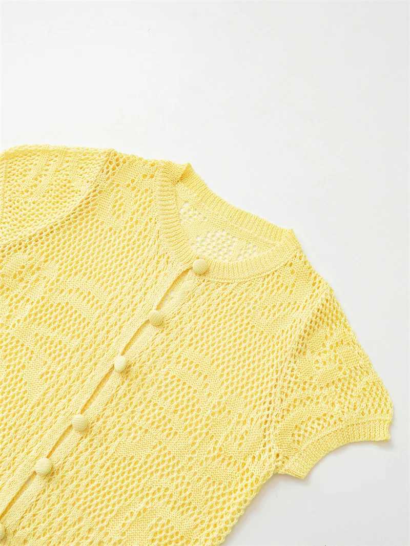 2025 New Yellow Knitted Short Sleeve Cutout Design Cardigan for Women Summer Casual Fashion Personality Versatile X250724