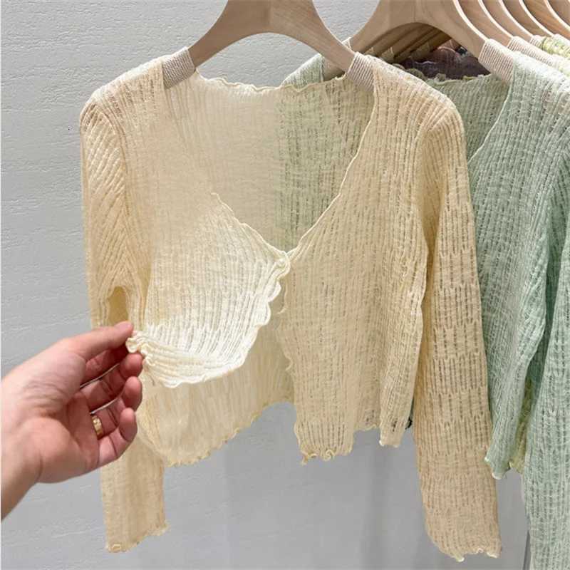 Summer Women Thin Sunscreen Cover Up Cardigan Lace-up Knitwear Tops Female Korean Long Sleeve Short Coat Casual Sun Protected X250724