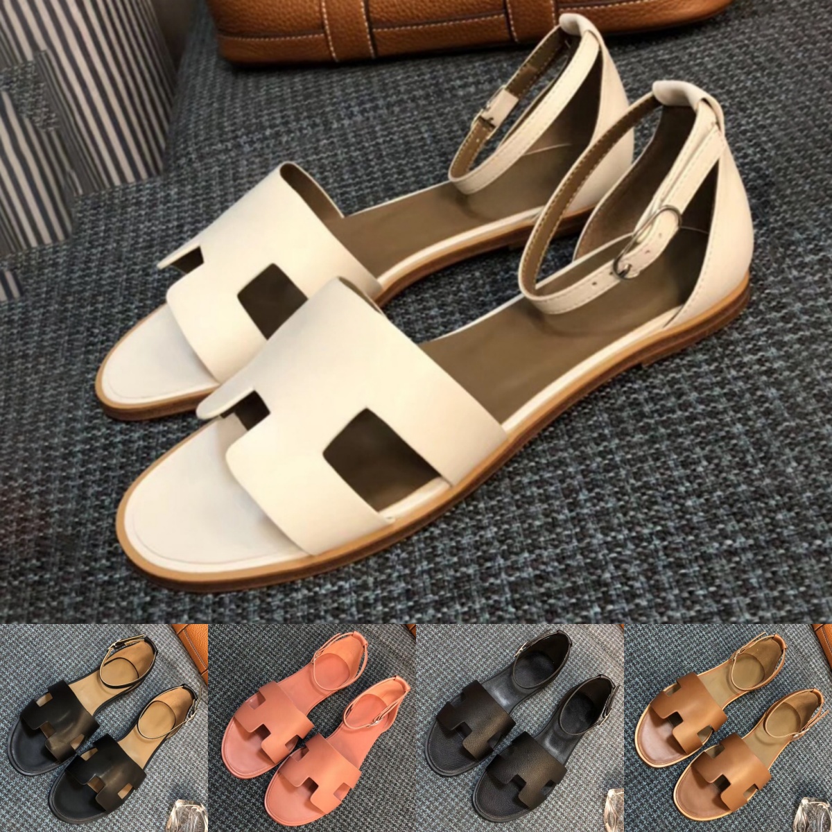 Designer santorini sandals women slippers natural color leather sole beach roman shoes summer fashion casual pink sandal adjustable ankle strap size 35-42 brown