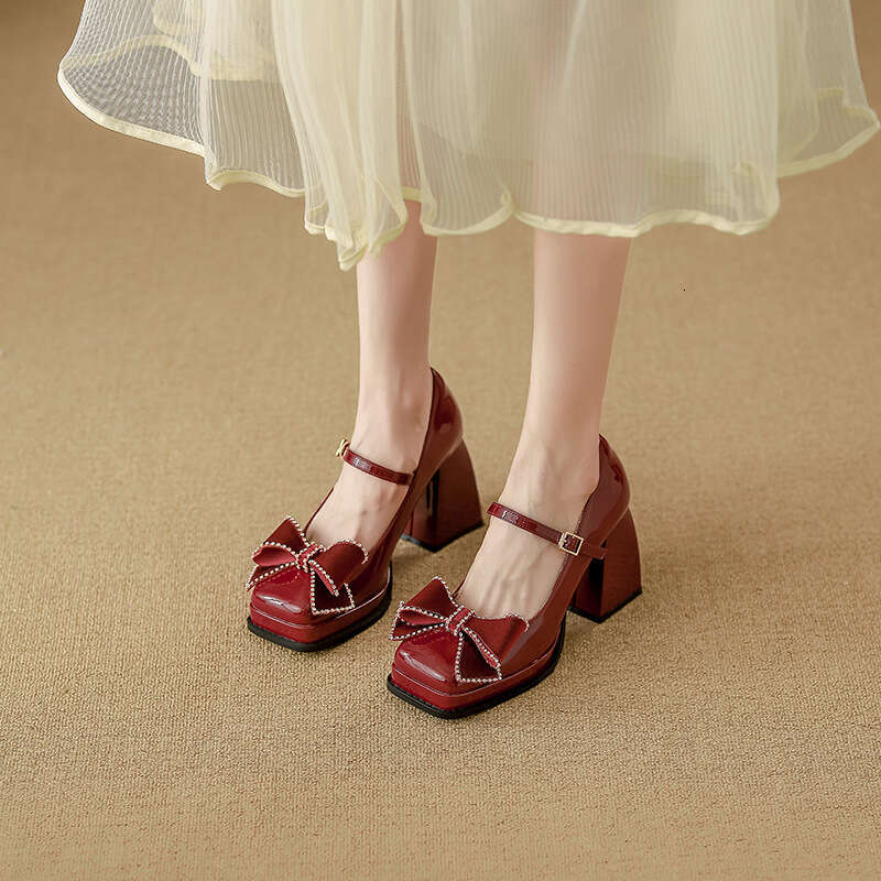 Mary Jane High Heels Lace Bow Single 2025 Spring New Shallow Mouth Women Shoes for Petite Height Increase