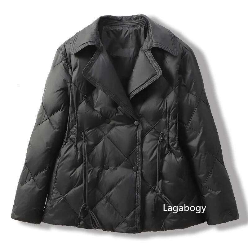 Lagabogy 2025 Autumn Women White Duck Down Double Breasted Jacket Winter Adjustable Waist Outwear Turn-Down Collar Puffer Coat 250725