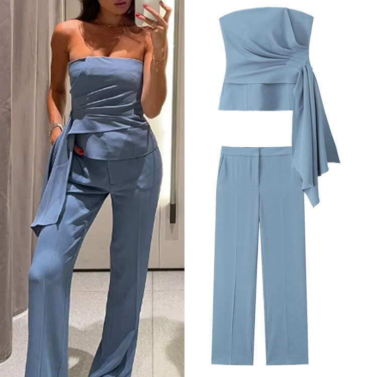 TRAFZA Sky Blue Autumn New Sleeveless Ruched Corset Top High Waist Flared Pants B5