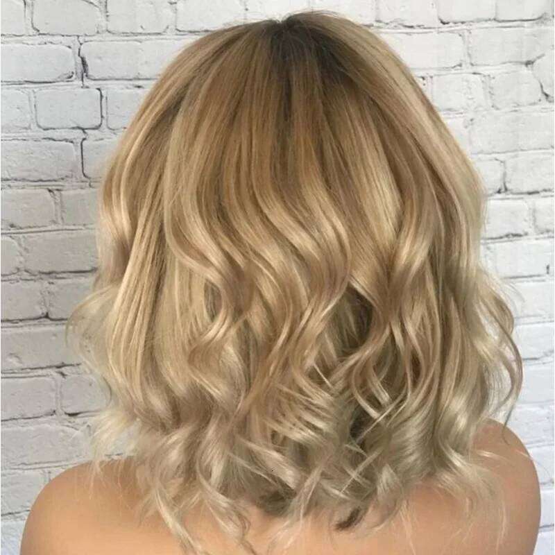 Ombre Blonde Women Short Wavy Bob wigs 12 inch Synthetic Curly Middle Part Heat Resistant Fiber for Daily Party Wig