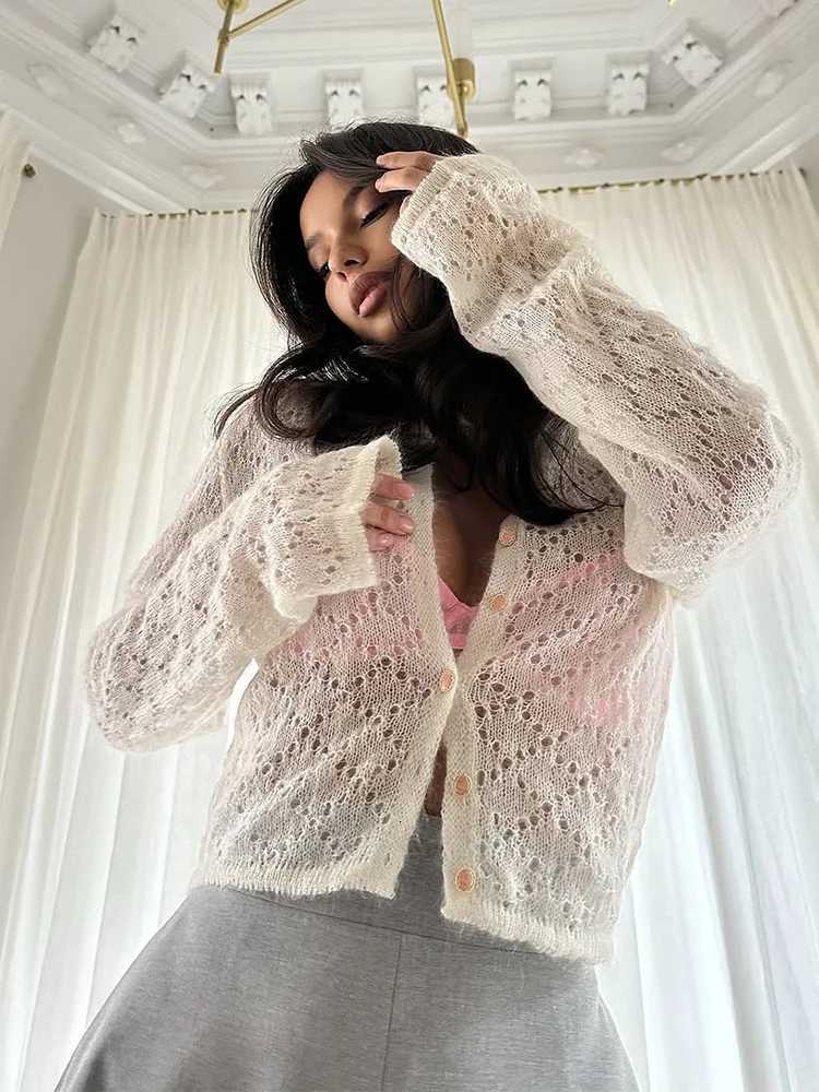Trendix Summer Hollow Knit Cardigan Women Slim Long Sleeve Patchwork Button Short Top Vacation Party Beach Knitwear Tops Female X250724