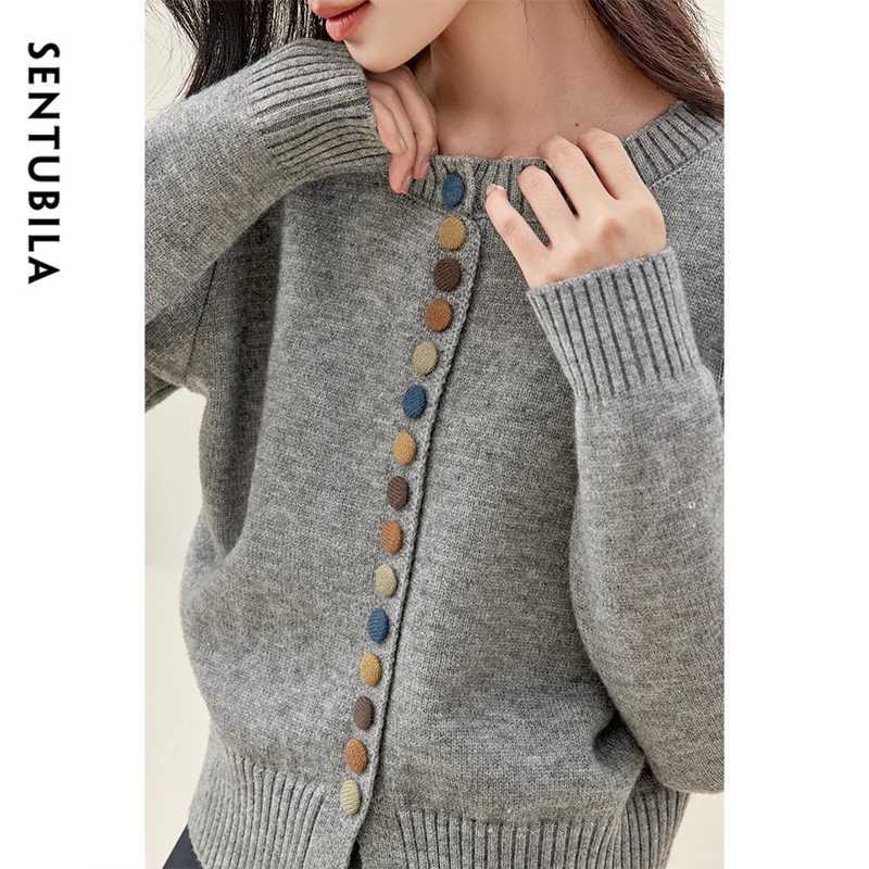 SENTUBILA Preppy Style Spliced Cardigan for Women Casual Chic Button O Neck Short Knitted Sweater 2025 Spring New W51E58709 X250724