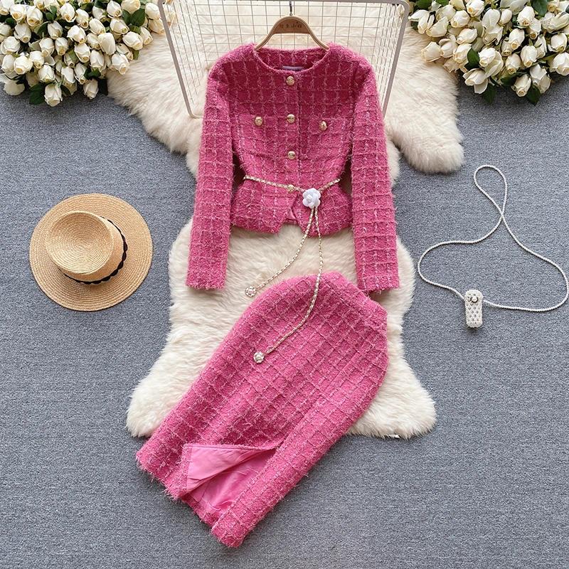 Women's Tracksuits Spring Autumn Fashion Female Slim Outfit Women Cropped Tweed Jacket Coat High Waist Split Half Skirt Suit Elegant Two