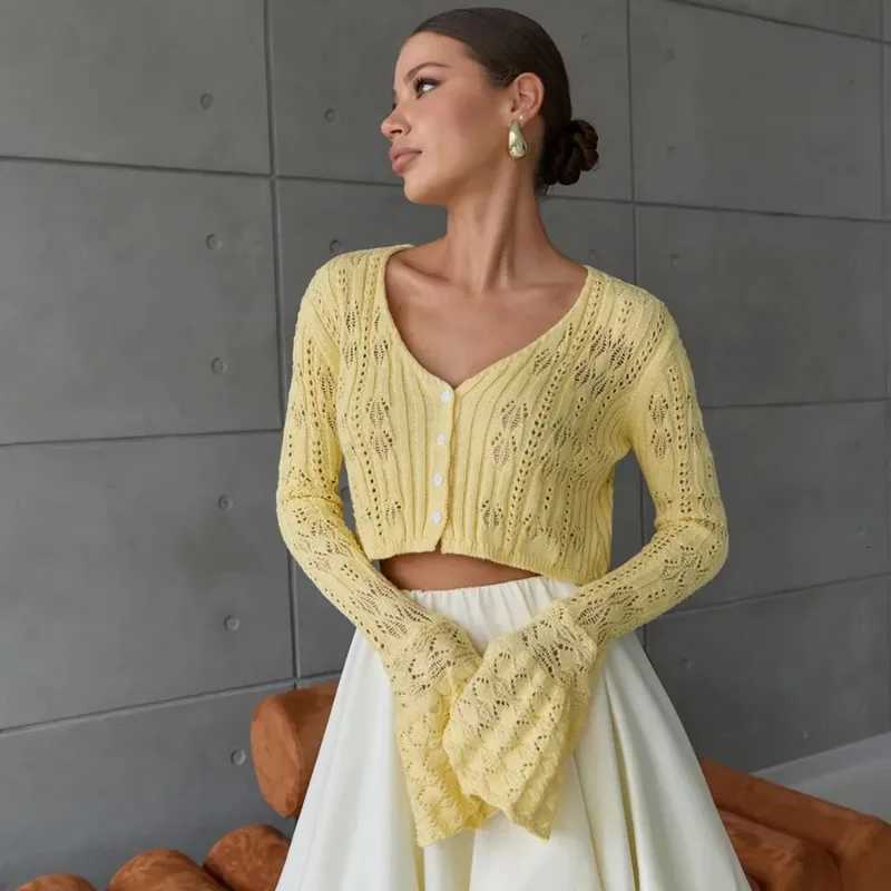 Talenza Knitted Hollow Top Womens V Neck Flared Long Sleeves Buttons Cardigan Top Female Fashion Solid Hotswt Slim Top Women X250724