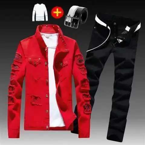 Spring Autumn Mens Denim Jacket + Jeans Pants Set Fashion Single Breasted Coat Trousers Two Piece Denim suit X250228