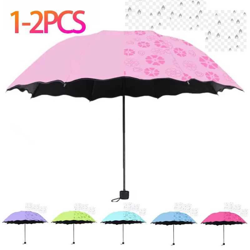 1-2PCS Portable Creative Water Flowering Umbrella Manual Black Coating UV Protection Sun Rain Dual Use Folding Parasol R250724