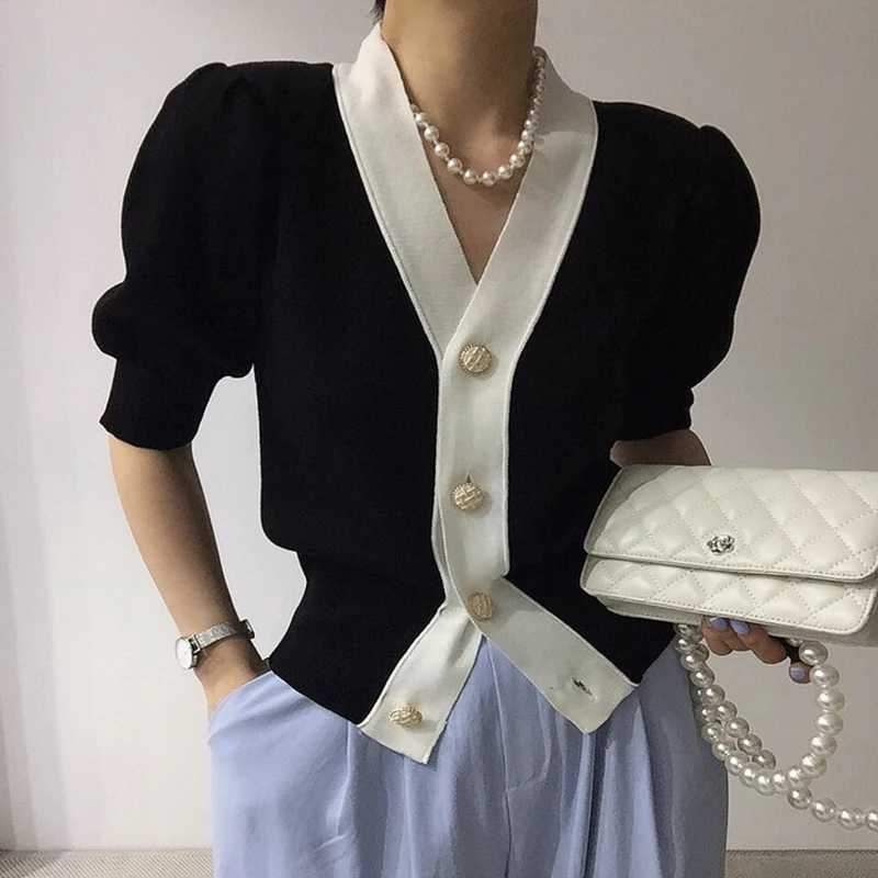 Summer Elegant Puff Short Sleeve Cardigan Office Lady 2023 Korean Contrast Single Breasted V-Neck Casual All-Match Knitted Tops X250724