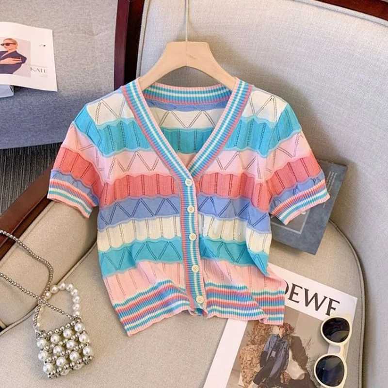 2025 New Vintage Striped Multicolor Short Sleeve Cardigan Summer Hollow Out Knitting Temperament Trend Sexy V-neck T-shirts Tops X250724