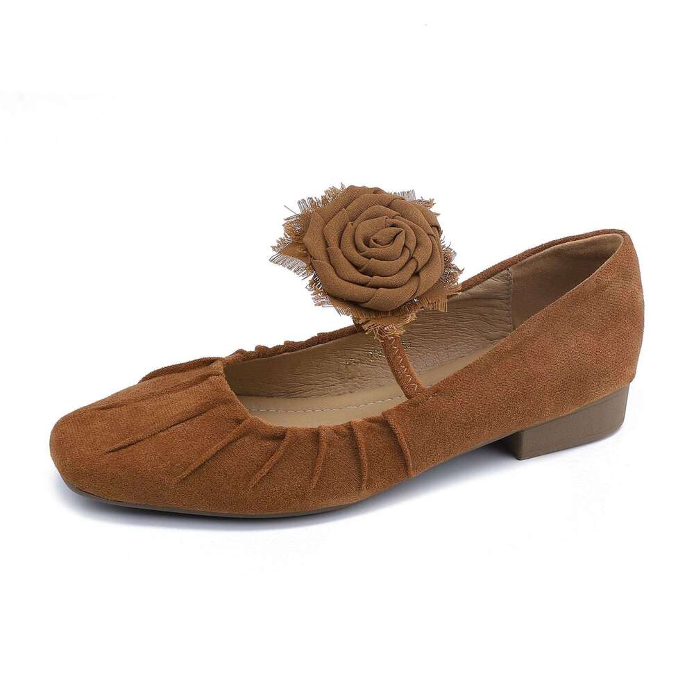 Su Yinyin Autumn New Camellia Elegant Single for Women with Ruched Design and Soft Sole Flat Shoes
