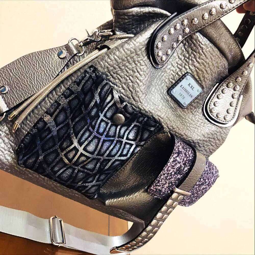 Women Fashion Genuine Leather Large Capacity Handbags New Oversized Rivet Work Sier Shoulder Bags Woman Brand Tote