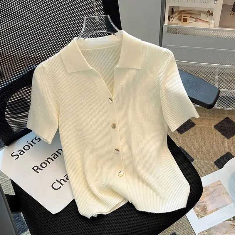 Womens Clothing Chic Polo-neck Knit Short Sleeve T-shirt Summer Casual Loose Thin All-match Cardigan Lady Solid Breathable Tops X250724