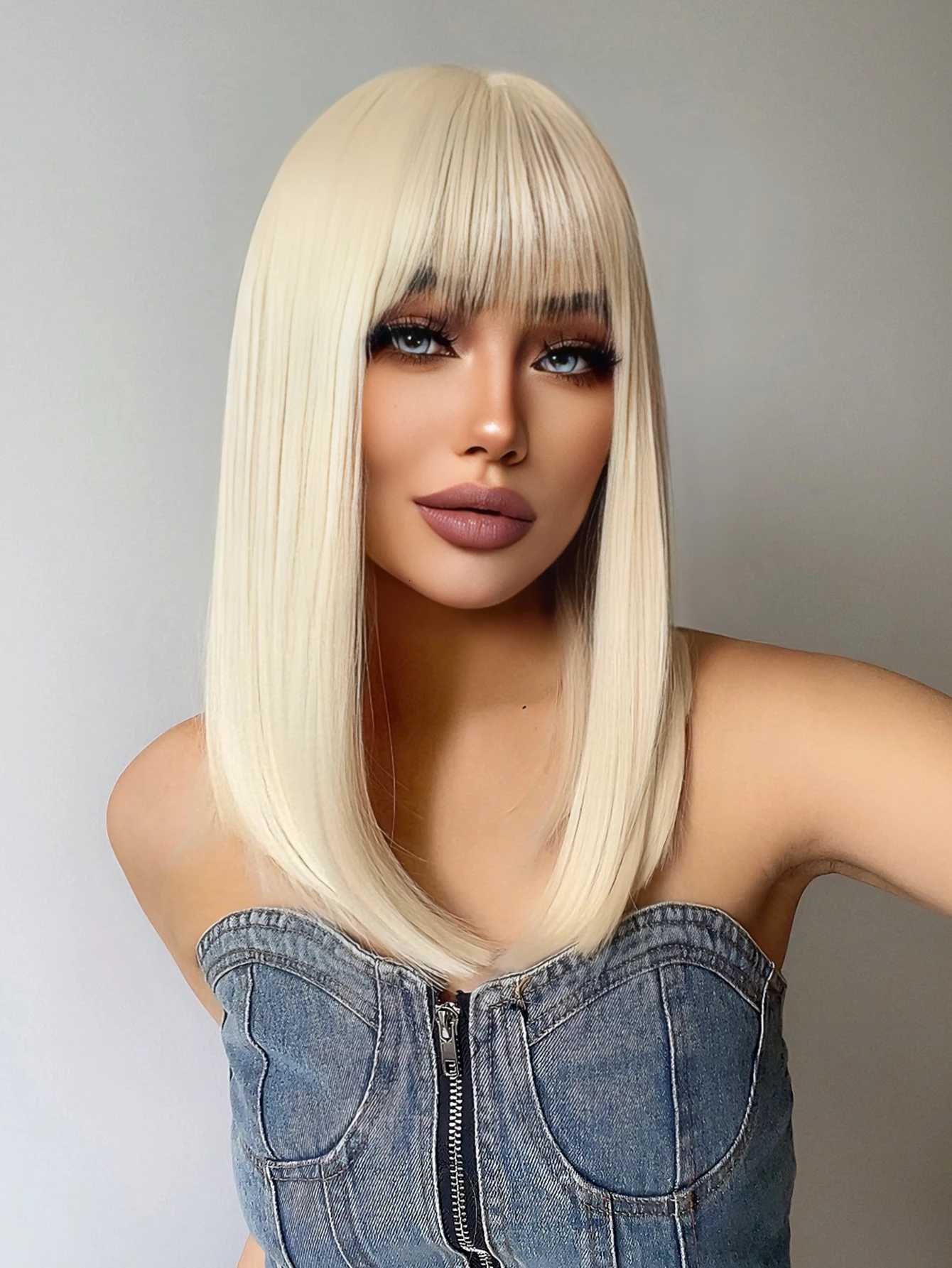 18Inch Platinum Blonde Synthetic Wigs With Bang Long Natural Straight Hair Wig For Women Daily Use Cosplay Party Heat Resistant G250915