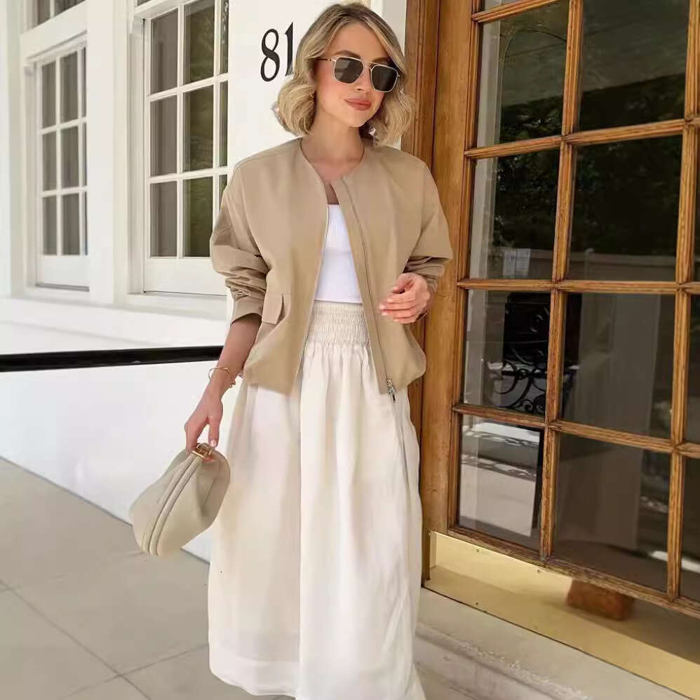 TRAFZA Zipper Round Neck Cargo Pocket Loose Drop Shoulder Bomber Jacket Cool Trendy B5