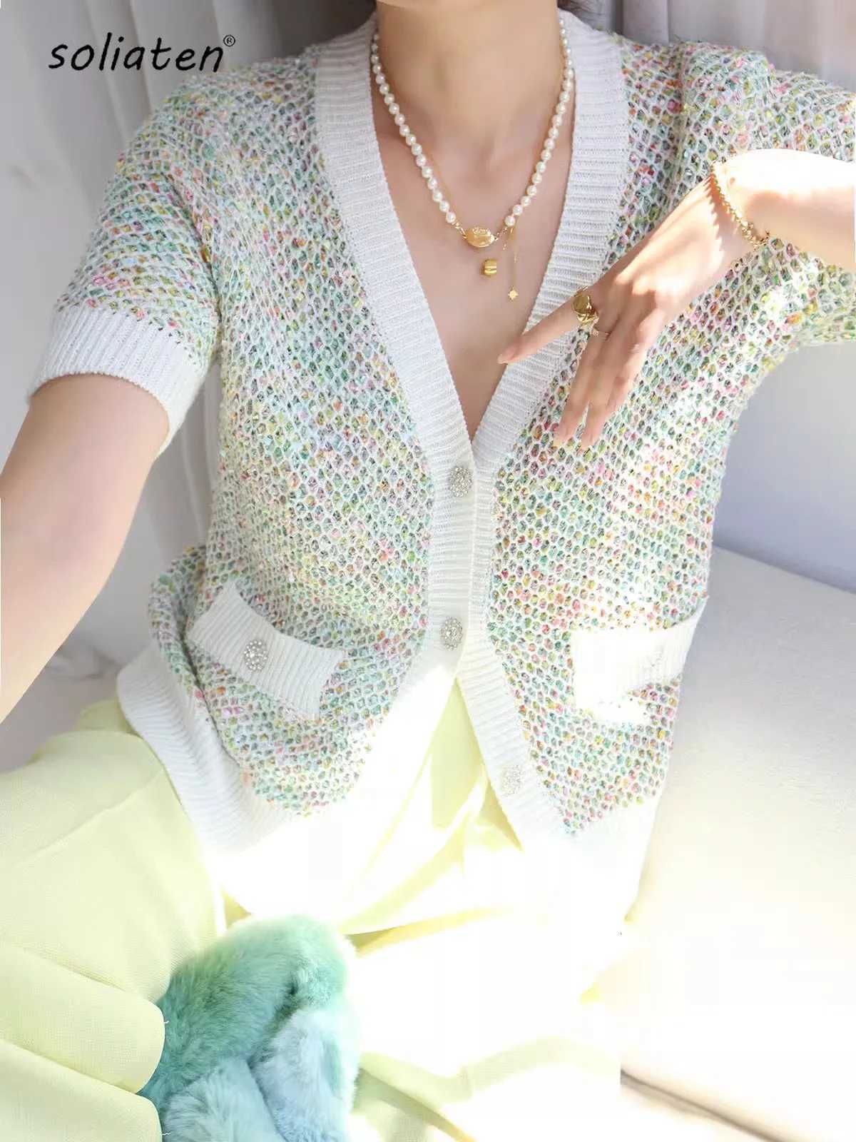 Designers Tops For Women 2025 Summer Rhinestone Button Short Sleeve Cardigan Women Green Knitted Sweaters C-138 X250724
