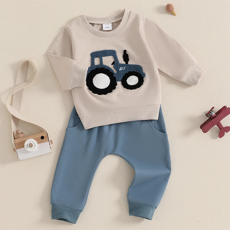 Citgeett Autumn Toddler Boy Outfits Embroidery Long Sleeve Sweatshirt Solid Pants Set Spring Fall Clothes 250724