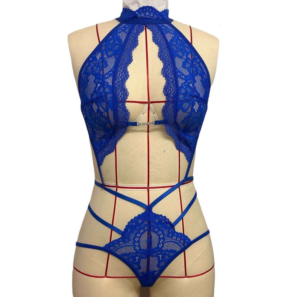 2024 Lace See-through Lingerie Deep Neck Halter One-piece Temptation Sexy Set