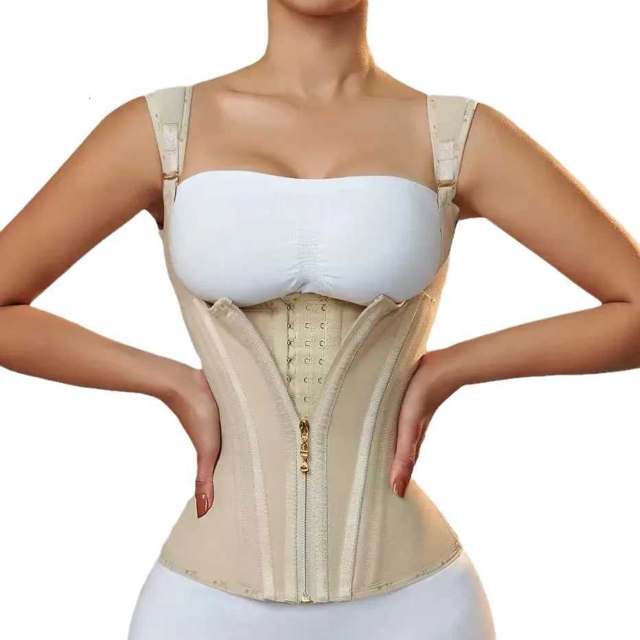 Cross-border High-Elastic Mesh Waist Seal 15 Bone Posture Vest Model Belly Drawstring Belt Zipper Breasted Retro Shapewear Top W250724