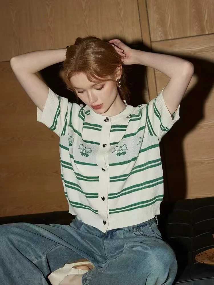 Women Summer Short Sleeve Striped Cardigan Sweater Classic Striped O-Neck Knitted Cardigan Fashion Loose Single Breasted Top X250724