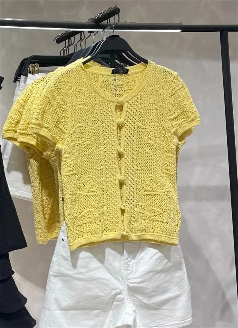 2025 New Yellow Knitted Short Sleeve Cutout Design Cardigan for Women Summer Casual Fashion Personality Versatile X250724