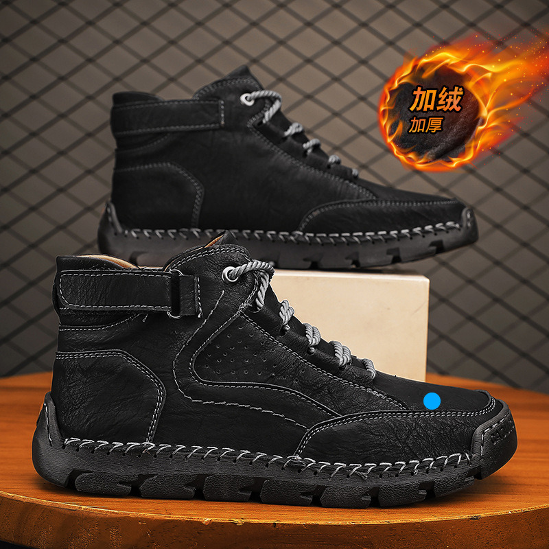 Plus Size Leather Men's Fashion Hand-stitched Ankle Boots Flat Lace-up Casual Shoes