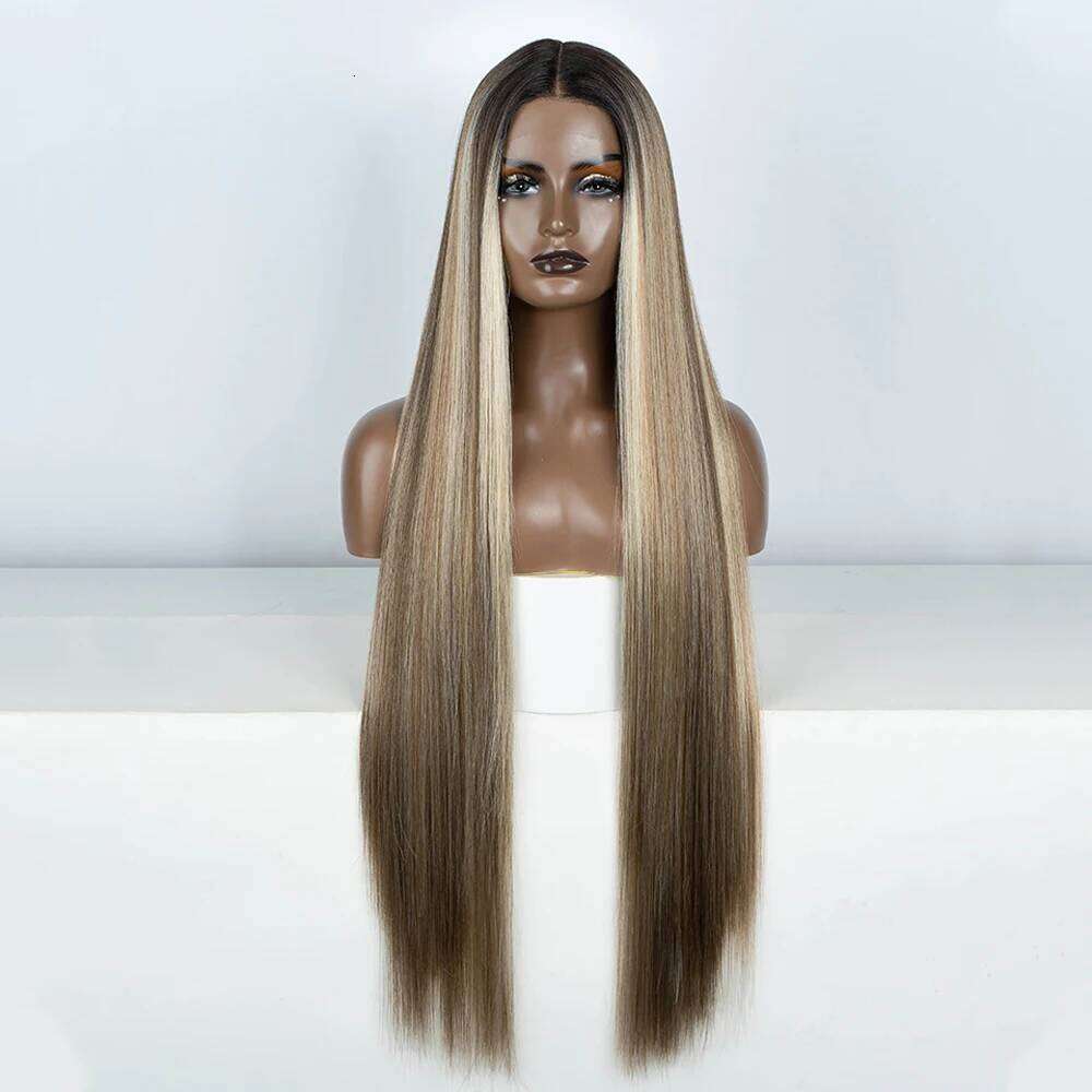 Front Wigs Highlight Brwon Blonde Black For Women Human Hair Long Straight Lace Wig 38Inch Synthetic Heat Resistant Wig